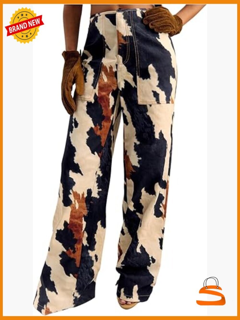 Western Cow Print Wide Leg Denim Pants Casual Y2K Trousers